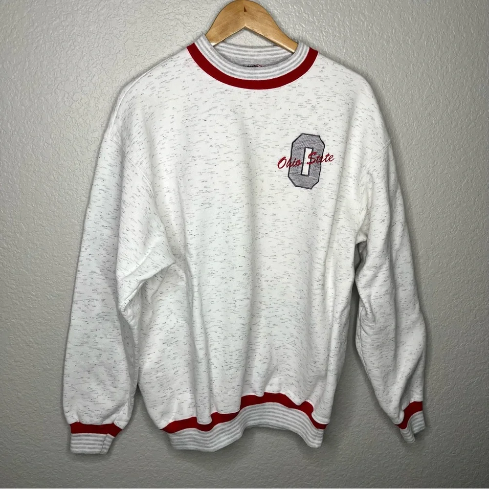 Vintage 90s Ohio State Buckeyes Crewneck Sweatshirt White Red Ringer Size Large